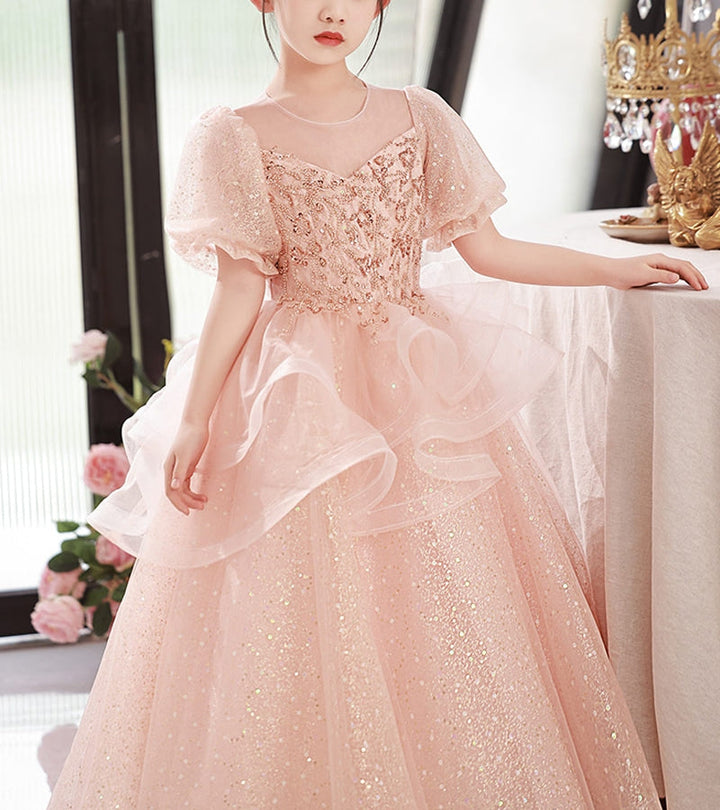 Robe de Soirée A-Line/Princess à Col Rond et Manches Courtes pour Fille avec Appliques en Cristal
