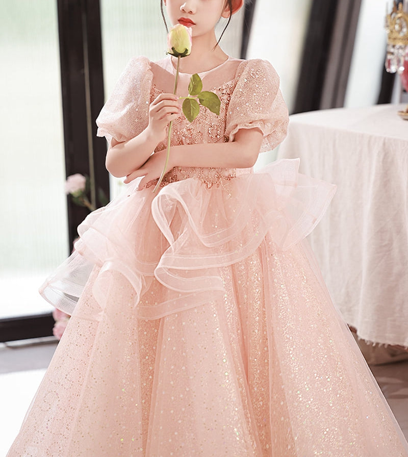 Robe de Soirée A-Line/Princess à Col Rond et Manches Courtes pour Fille avec Appliques en Cristal