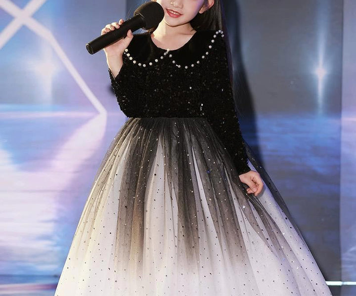 Robe de Soirée Princesse à Manches Longues et Revers Perlés pour Fille avec Cristaux