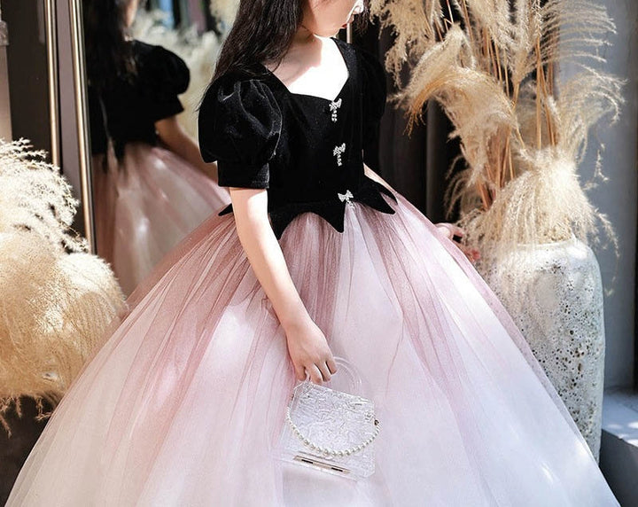 Robe de Soirée Trapèze/Princesse à Col en V et Manches Courtes pour Fille avec Cristaux