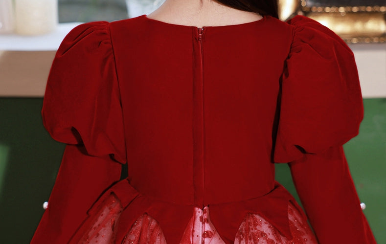 Robe de Soirée Rouge pour Fille, Coupe A-Line/Princess, Col en V, Manches Longues, Longueur Au Sol