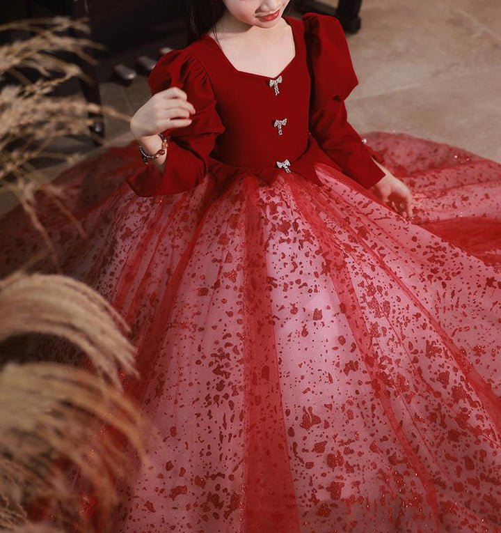 Robe de Soirée Rouge pour Fille, Coupe A-Line/Princess, Col en V, Manches Longues, Longueur Au Sol