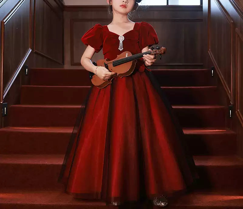 Robe de Soirée Trapèze/Princesse à Col en V et Manches Courtes pour Fille avec Cristaux