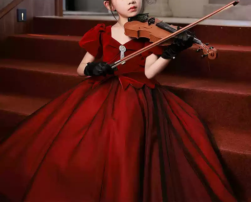 Robe de Soirée Trapèze/Princesse à Col en V et Manches Courtes pour Fille avec Cristaux