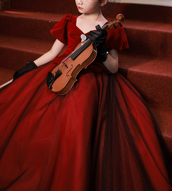 Robe de Soirée Trapèze/Princesse à Col en V et Manches Courtes pour Fille avec Cristaux