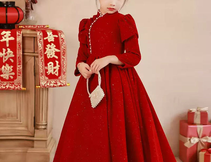 Robe de Soirée Rouge à Col Haut et Manches Longues pour Fille, Longueur Au Sol, avec Perles