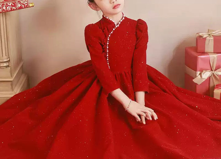 Robe de Soirée Rouge à Col Haut et Manches Longues pour Fille, Longueur Au Sol, avec Perles