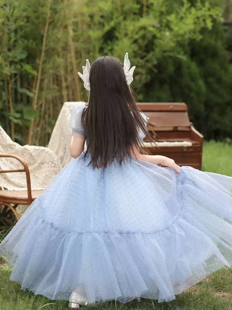 Robe de Soirée Longue à Col Rond et Manches Courtes pour Fille avec Perles