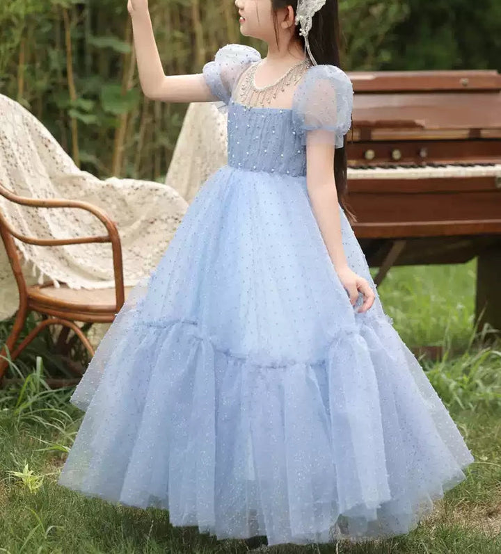 Robe de Soirée Longue à Col Rond et Manches Courtes pour Fille avec Perles