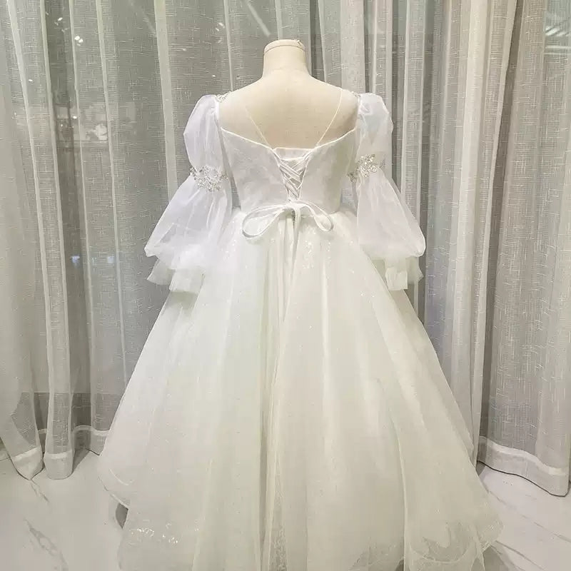 Robe de Bal à Col Rond et Manches Longues en Dentelle pour Fille de Fleur avec Appliques en Cristal