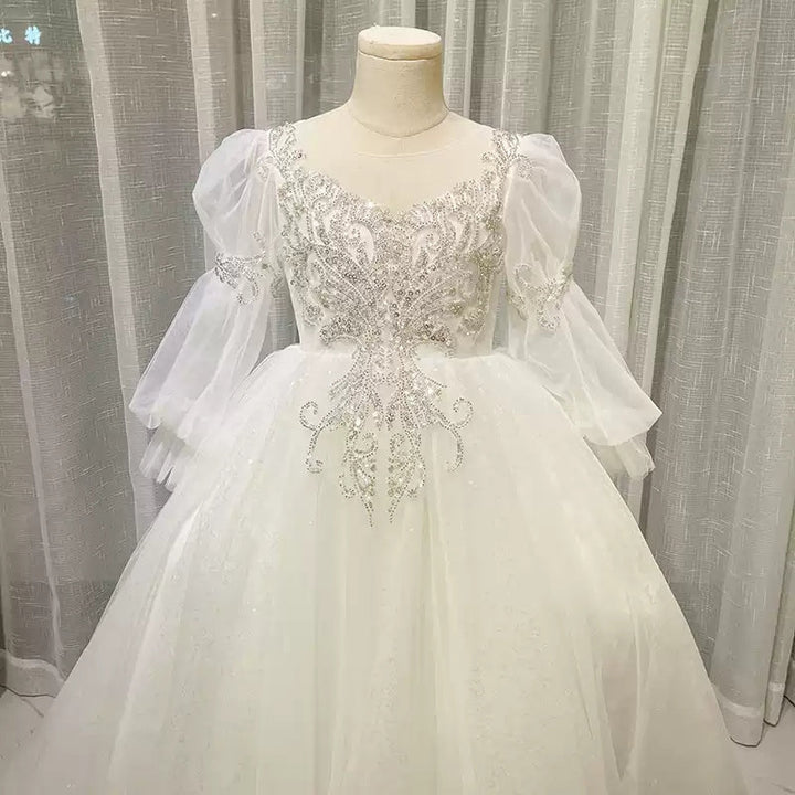 Robe de Bal à Col Rond et Manches Longues en Dentelle pour Fille de Fleur avec Appliques en Cristal