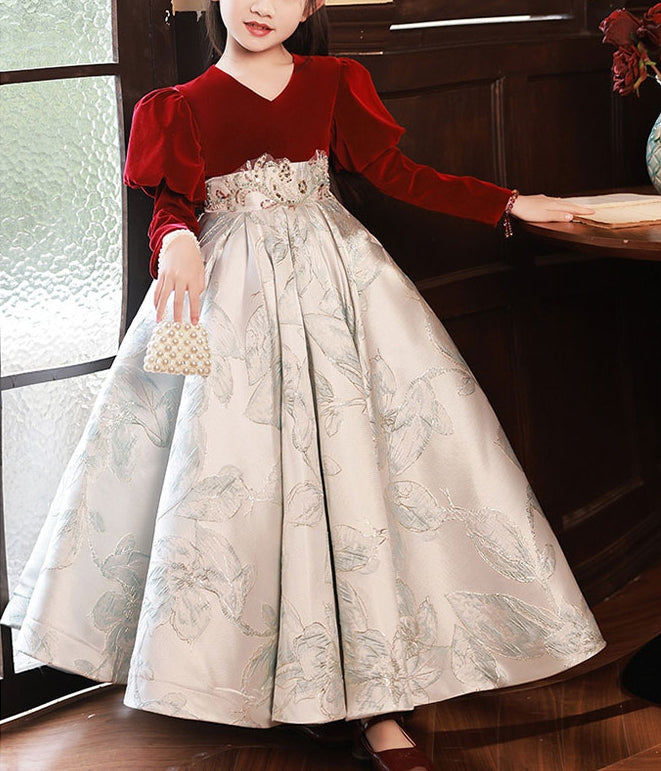 Robe de Soirée A-Line/Princess à Col en V et Manches Longues pour Fille avec Broderie et Appliques