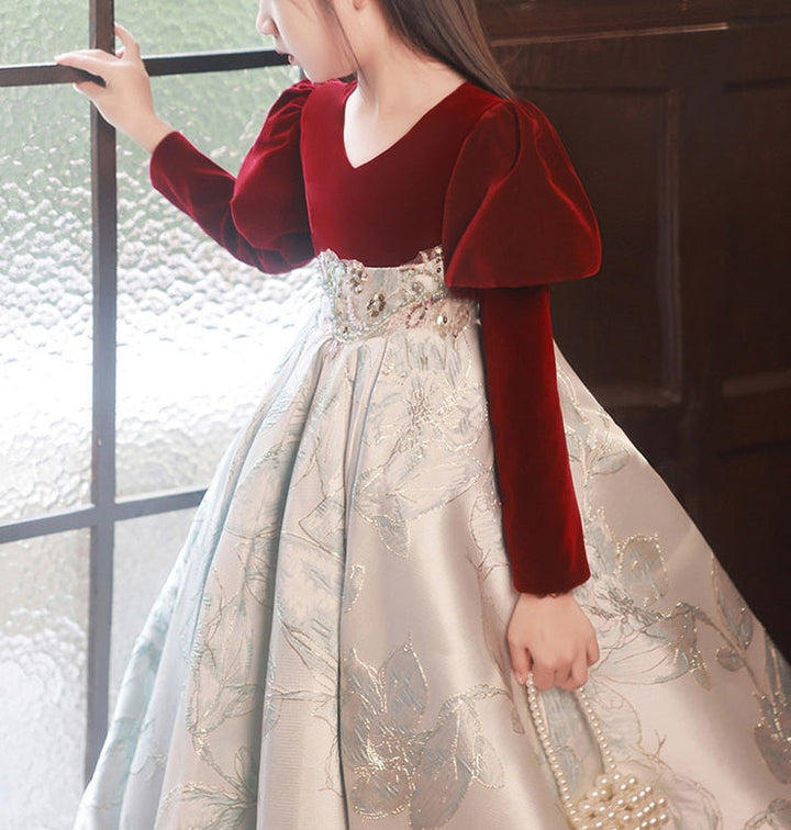 Robe de Soirée A-Line/Princess à Col en V et Manches Longues pour Fille avec Broderie et Appliques
