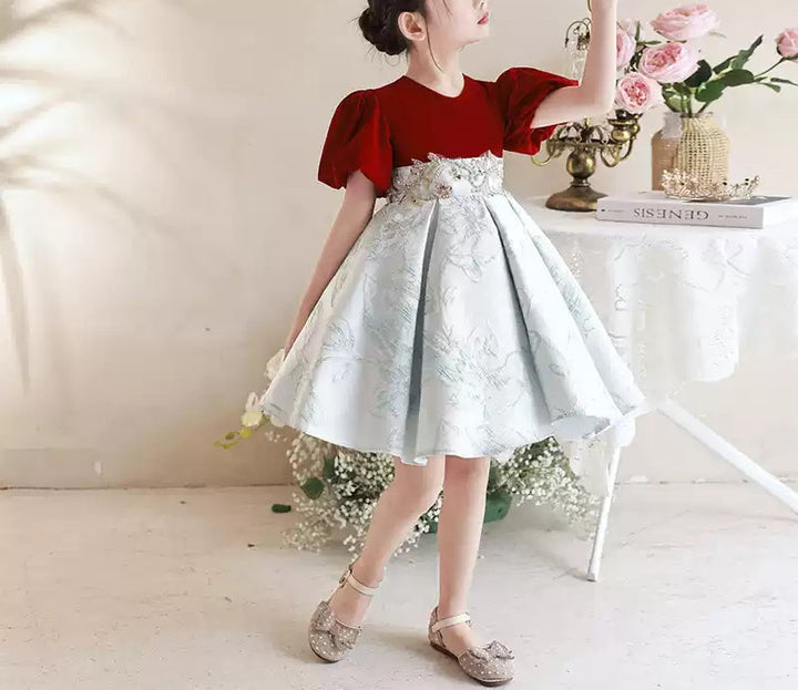 Robe de Soirée Brodée à Manches Courtes et Col en V pour Fille avec Appliques