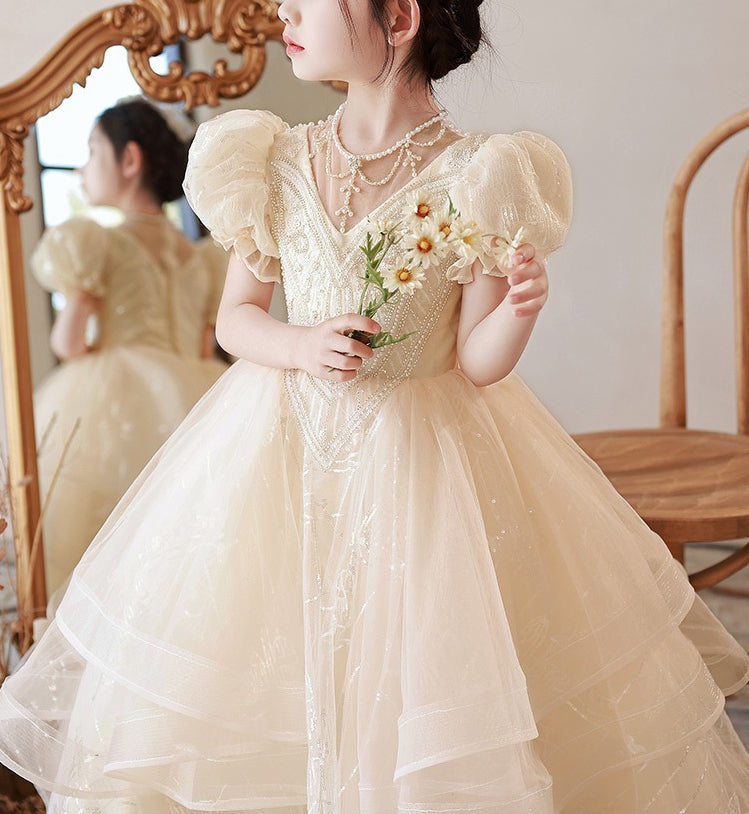 Robe de Bal en Dentelle à Col Rond et Manches Courtes avec Perles et Strass pour Fille