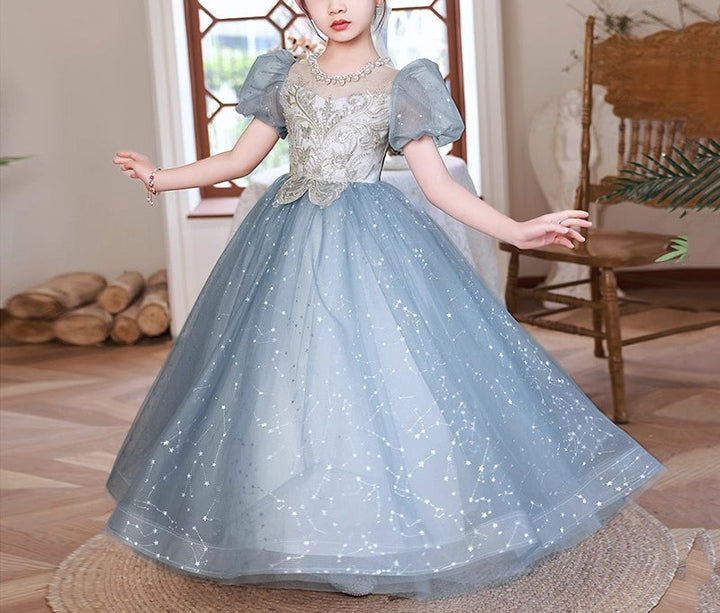 Robe de Soirée Princesse à Col Rond et Manches Courtes pour Fille avec Perles et Appliques en Cristal