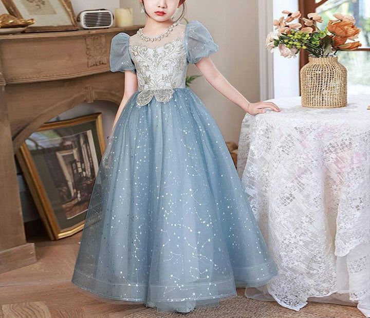 Robe de Soirée Princesse à Col Rond et Manches Courtes pour Fille avec Perles et Appliques en Cristal