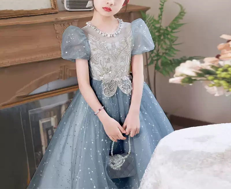 Robe de Soirée Princesse à Col Rond et Manches Courtes pour Fille avec Perles et Appliques en Cristal