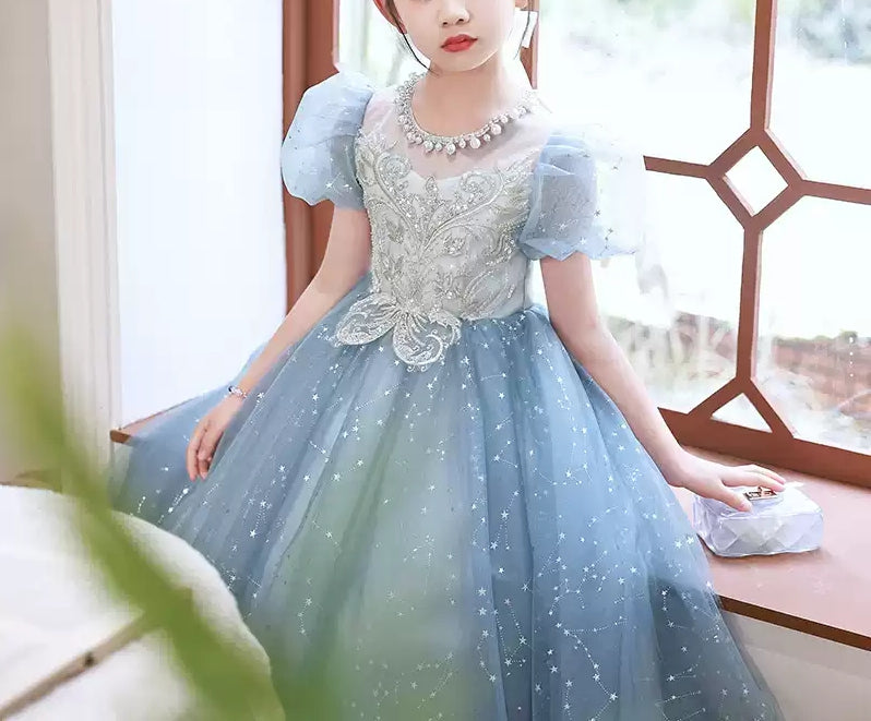 Robe de Soirée Princesse à Col Rond et Manches Courtes pour Fille avec Perles et Appliques en Cristal