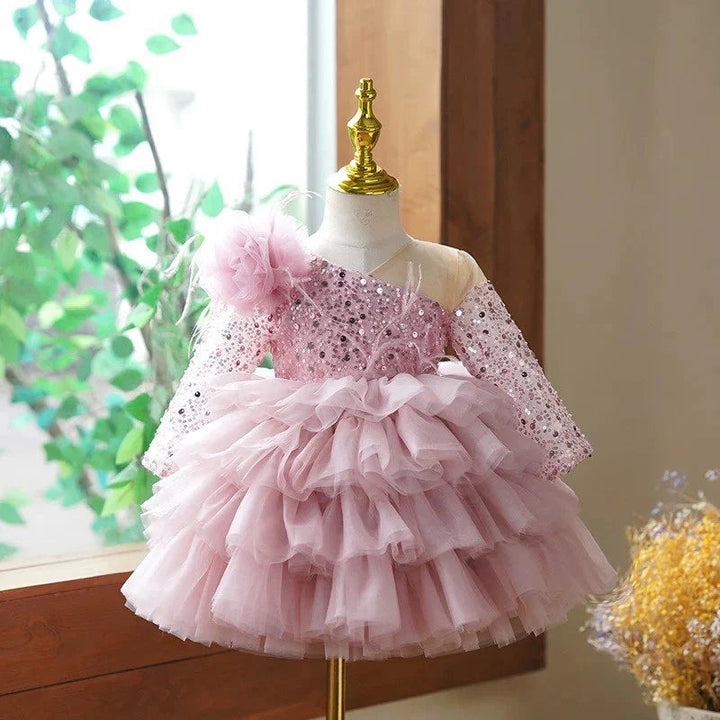 Robe de Bal à Manches Longues et Longueur Genou pour Bébé Fille, Robe de Soirée Superposée avec Fleurs et Plumes