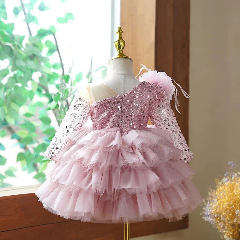 Robe de Bal à Manches Longues et Longueur Genou pour Bébé Fille, Robe de Soirée Superposée avec Fleurs et Plumes