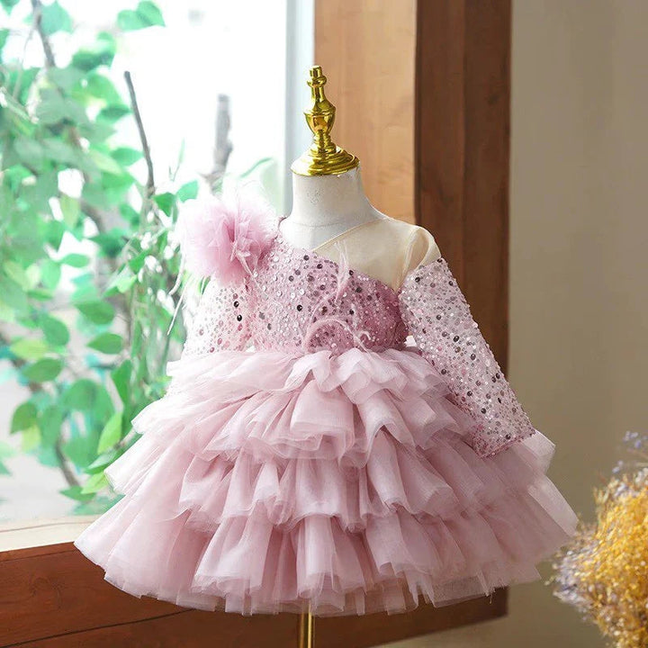 Robe de Bal à Manches Longues et Longueur Genou pour Bébé Fille, Robe de Soirée Superposée avec Fleurs et Plumes