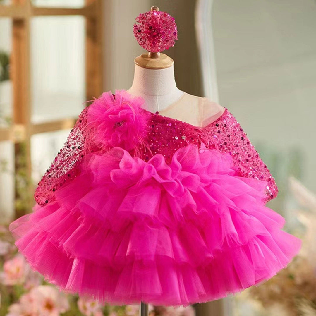 Robe de Bal à Manches Longues et Longueur Genou pour Bébé Fille, Robe de Soirée Superposée avec Fleurs et Plumes