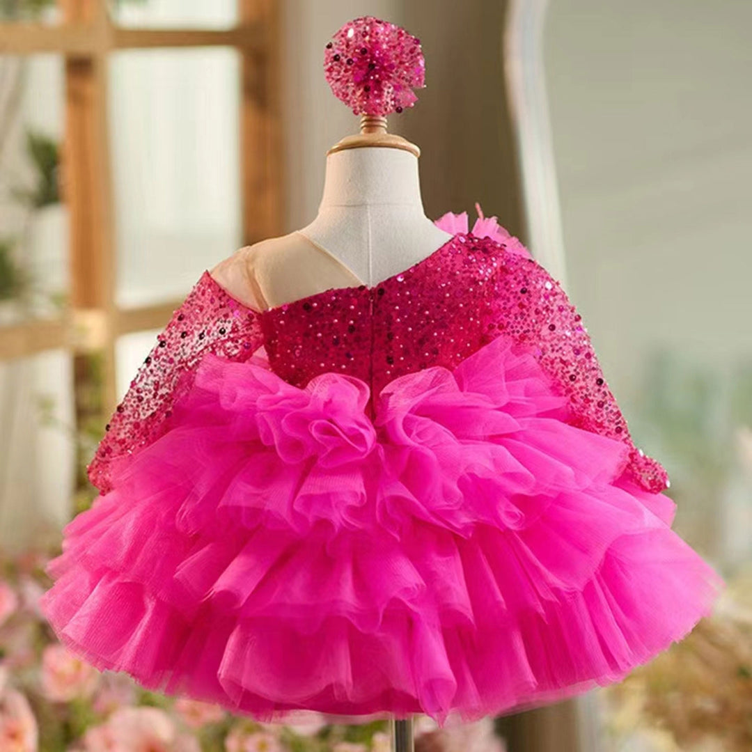 Robe de Bal à Manches Longues et Longueur Genou pour Bébé Fille, Robe de Soirée Superposée avec Fleurs et Plumes