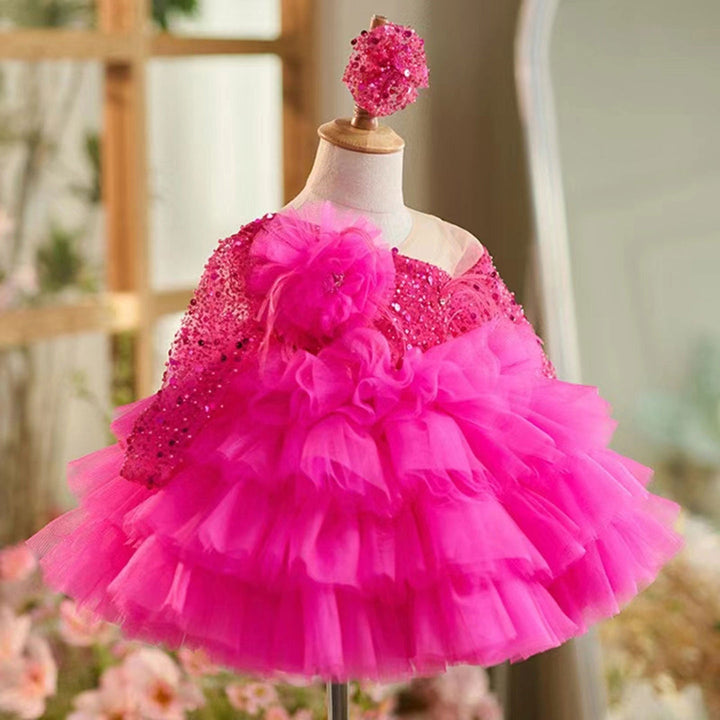 Robe de Bal à Manches Longues et Longueur Genou pour Bébé Fille, Robe de Soirée Superposée avec Fleurs et Plumes
