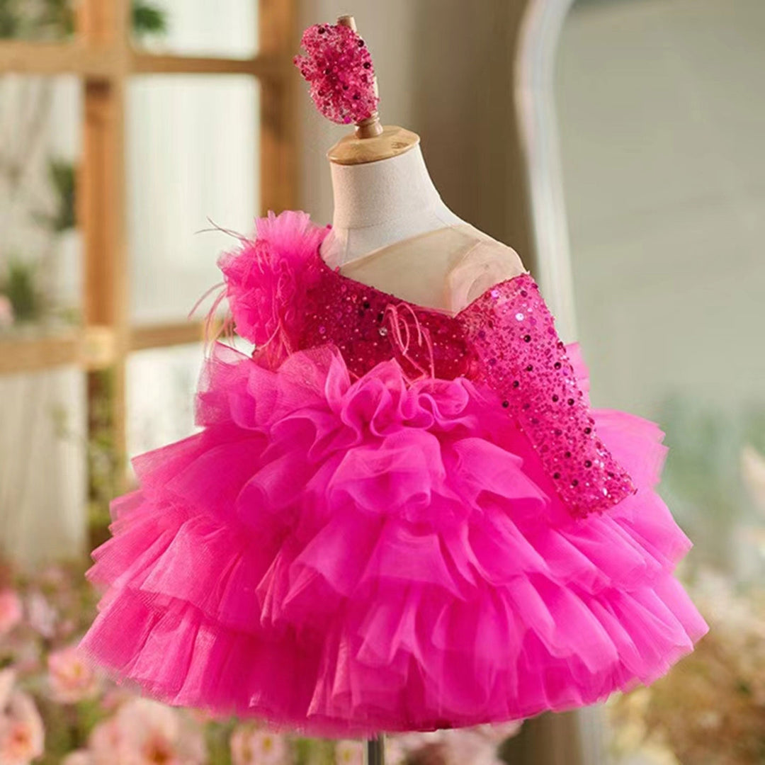 Robe de Bal à Manches Longues et Longueur Genou pour Bébé Fille, Robe de Soirée Superposée avec Fleurs et Plumes