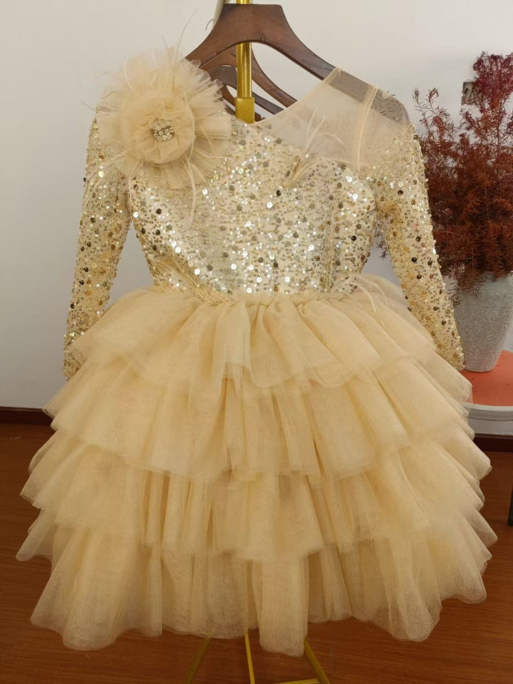 Robe de Bal à Manches Longues et Longueur Genou pour Bébé Fille, Robe de Soirée Superposée avec Fleurs et Plumes
