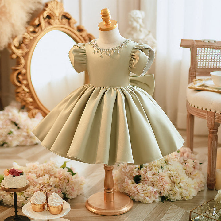 Robe de Soirée pour Bébé Fille à Col Rond et Manches Courtes, Longueur Genou, avec Nœud