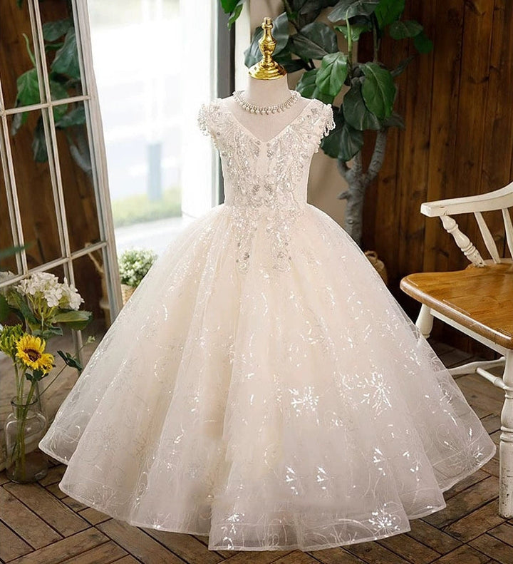 Robe de Bal Sans Manches en Dentelle pour Fille avec Appliques en Strass