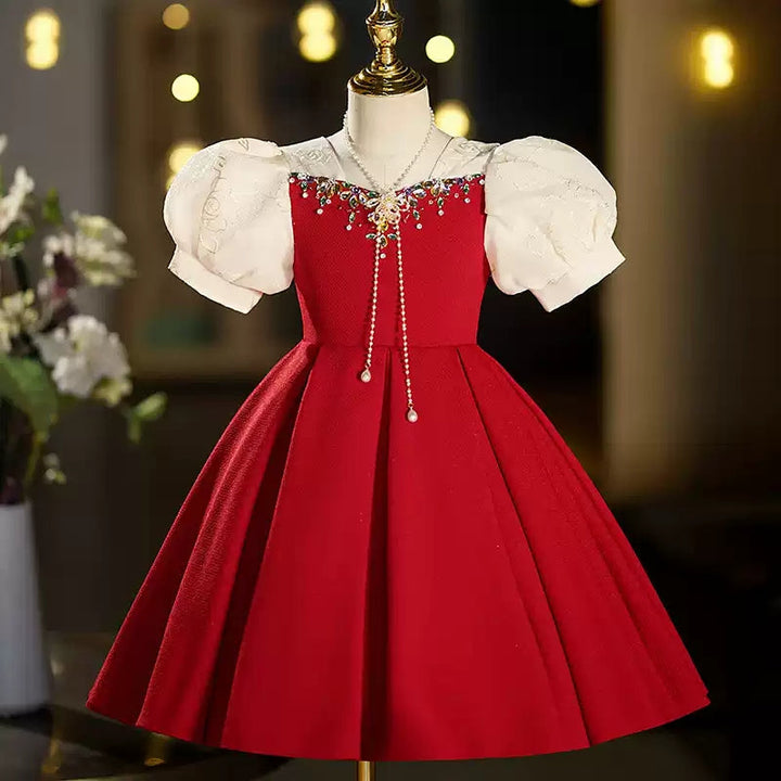 Robe de Soirée Rouge à Manches Courtes et Longueur Thé pour Fille avec Strass