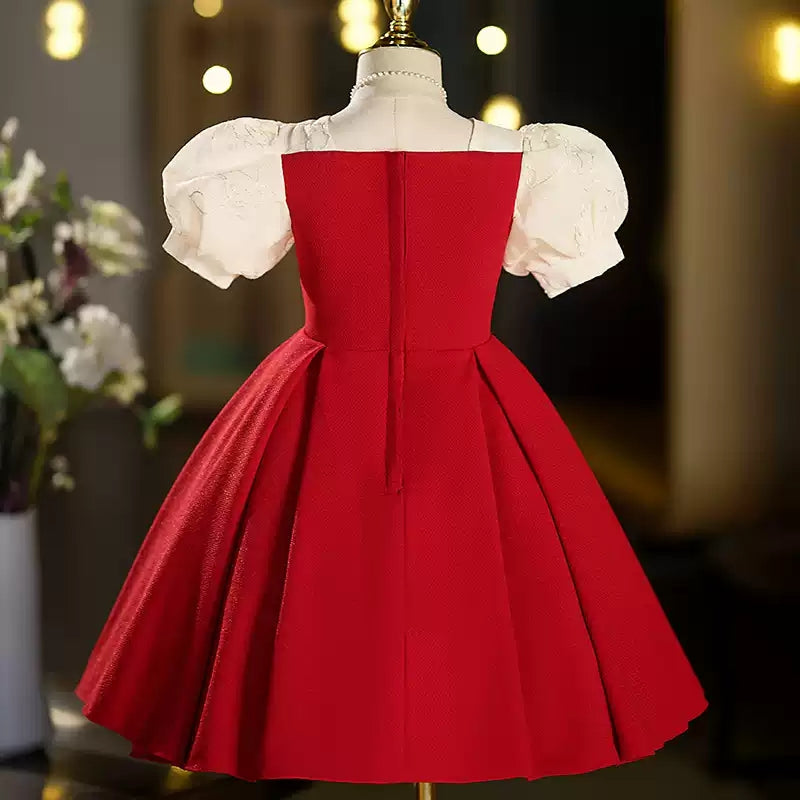 Robe de Soirée Rouge à Manches Courtes et Longueur Thé pour Fille avec Strass
