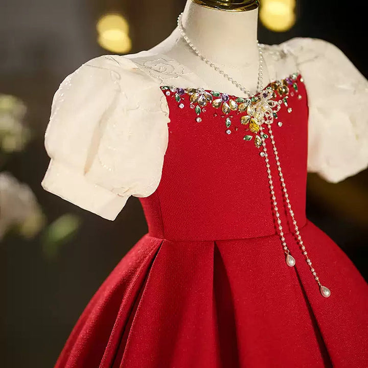 Robe de Soirée Rouge à Manches Courtes et Longueur Thé pour Fille avec Strass