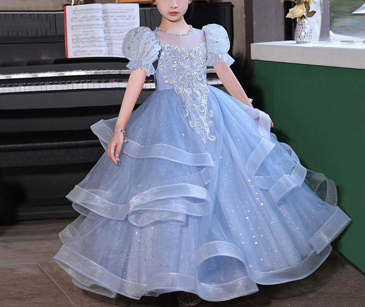 Robe de Bal à Manches Courtes pour Fille de Fleur avec Appliques en Strass