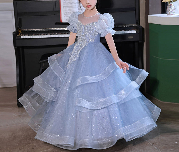 Robe de Bal à Manches Courtes pour Fille de Fleur avec Appliques en Strass