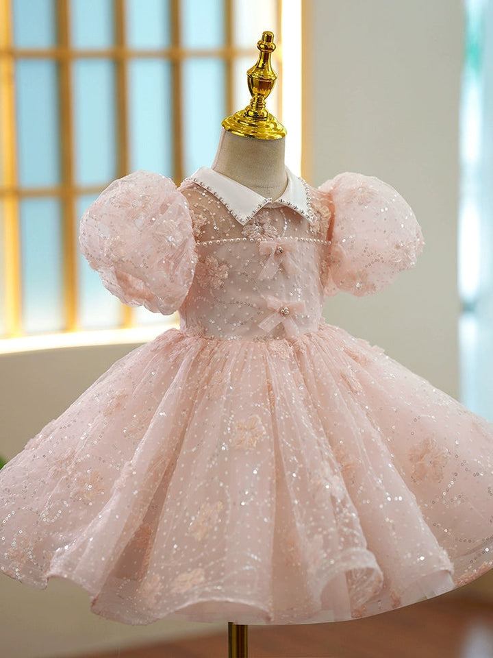 Robe de Soirée en Dentelle à Manches Courtes et Longueur Genou pour Fille, Coupe A-Line/Princess, avec Nœuds