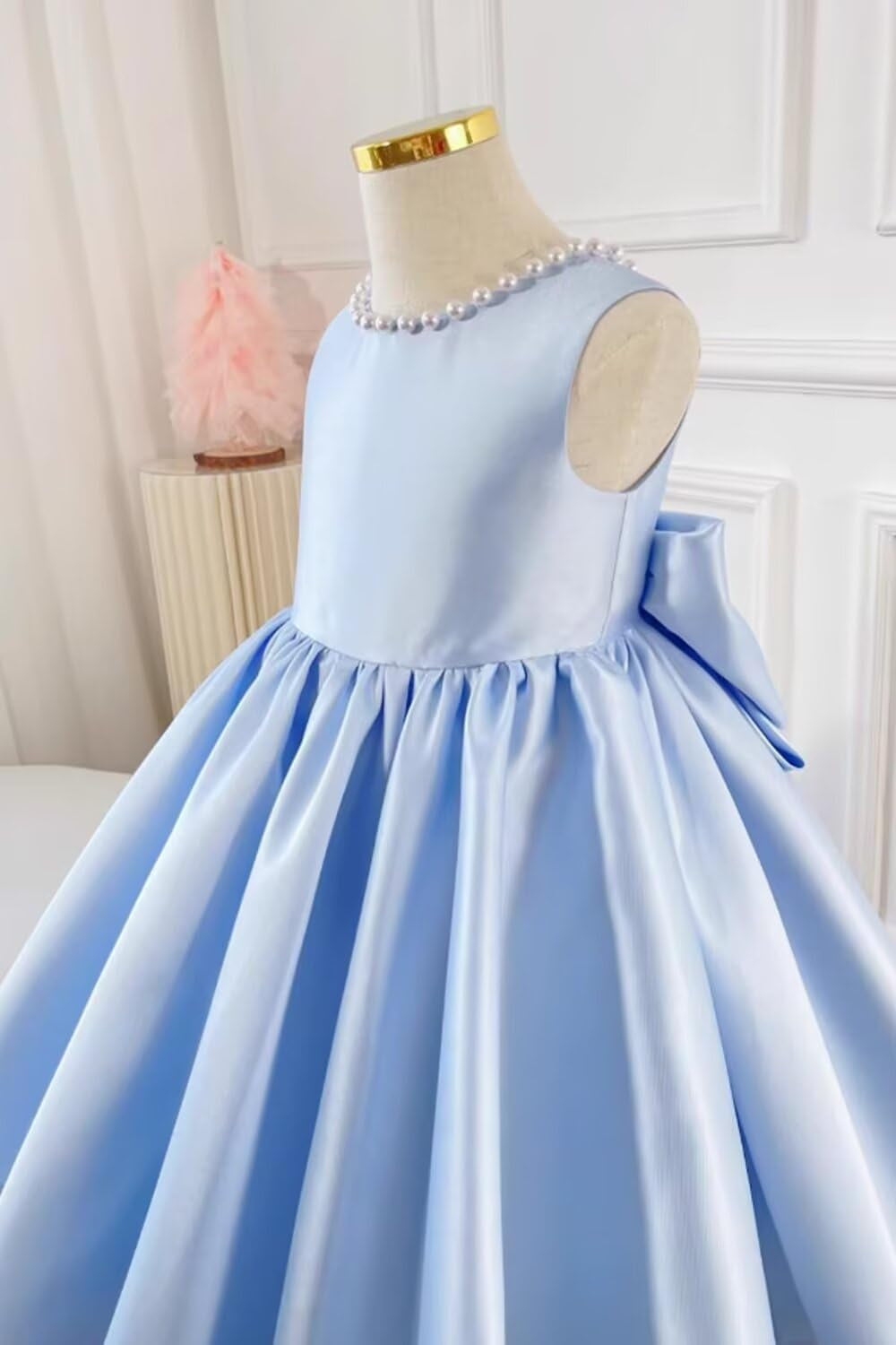 Robe de Soirée Longue à Col en V et Perles pour Fille avec Nœud et Longueur Au Sol
