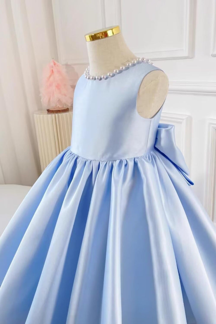 Robe de Soirée Longue à Col en V et Perles pour Fille avec Nœud et Longueur Au Sol