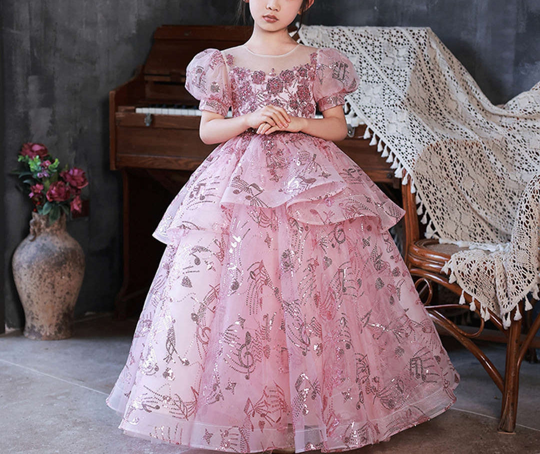 Robe de Bal à Manches Courtes pour Fille de Fleur avec Appliques en Strass
