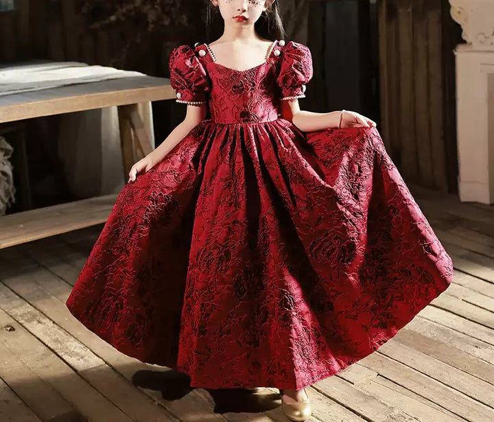 Robe de Soirée Longue à Col Carré et Manches Courtes pour Fille avec Perles