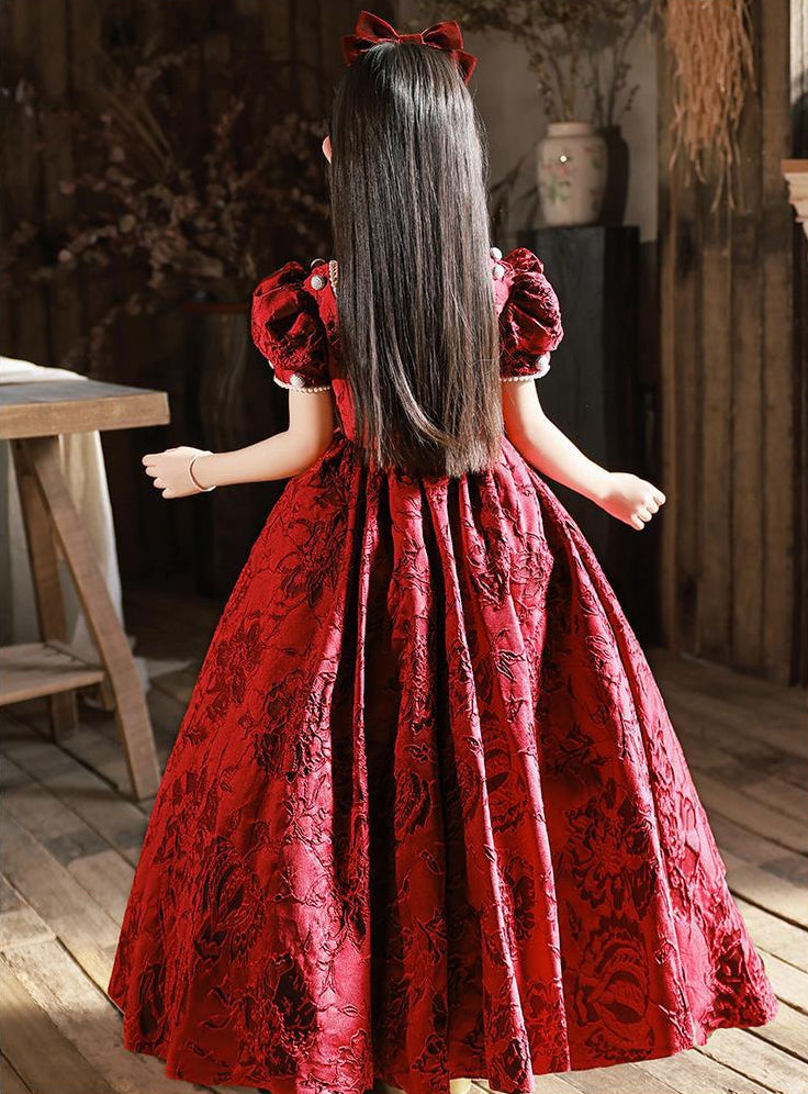 Robe de Soirée Longue à Col Carré et Manches Courtes pour Fille avec Perles