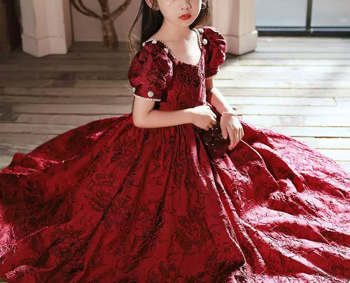 Robe de Soirée Longue à Col Carré et Manches Courtes pour Fille avec Perles