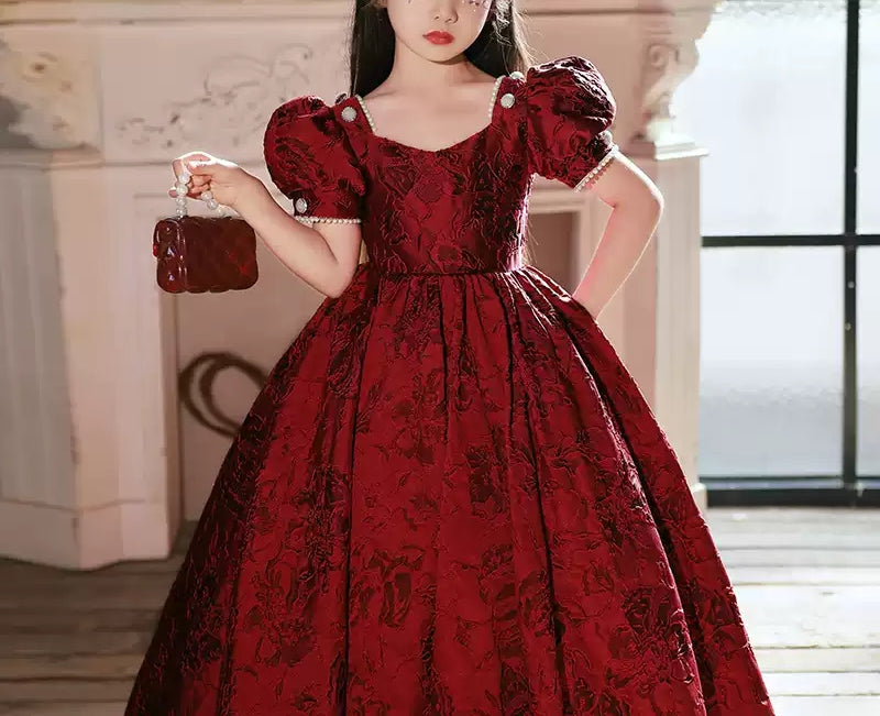 Robe de Soirée Longue à Col Carré et Manches Courtes pour Fille avec Perles