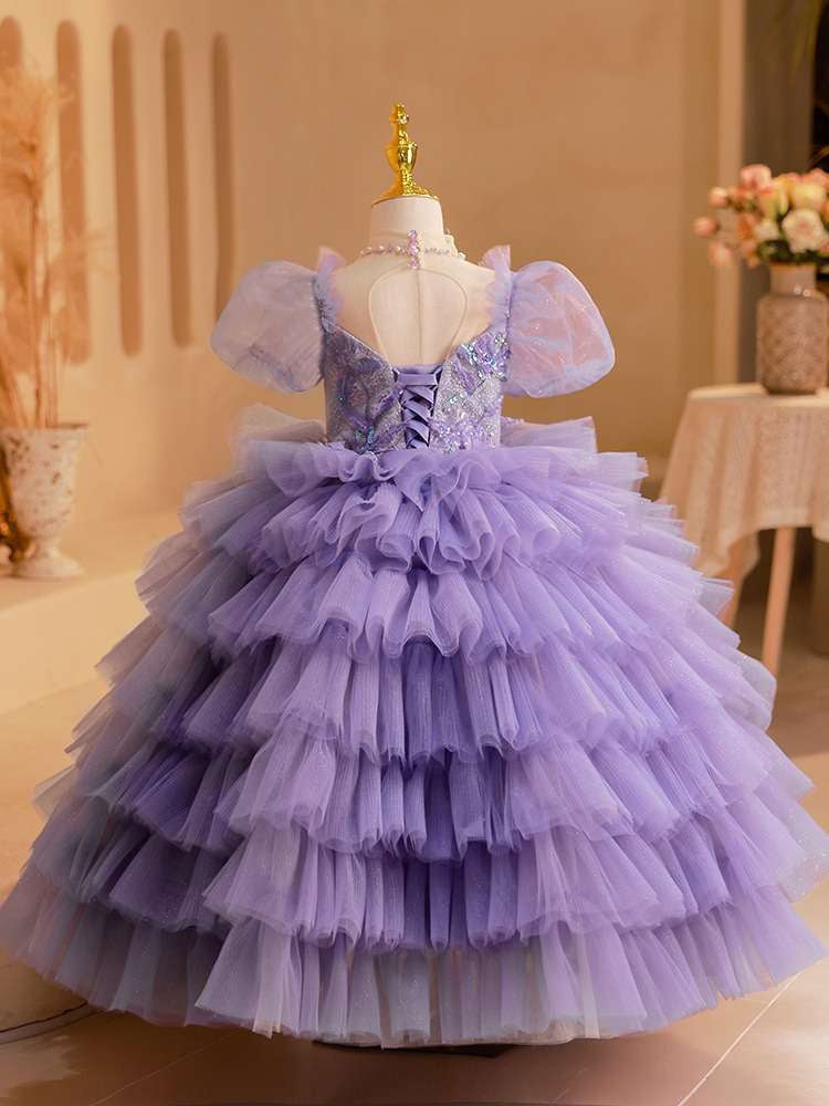 Robe de Soirée en Tulle Multicouche à Manches Courtes pour Fille avec Appliques