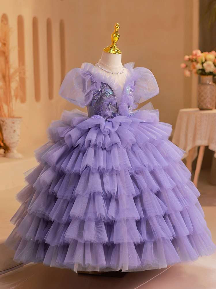 Robe de Soirée en Tulle Multicouche à Manches Courtes pour Fille avec Appliques