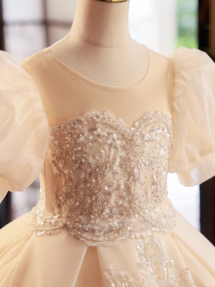 Robe de Bal à Manches Courtes pour Fille de Fleur avec Appliques en Strass