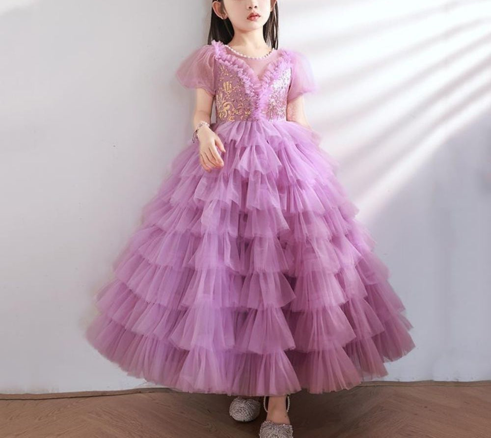Robe de Soirée à Manches Courtes pour Fille avec Appliques en Strass